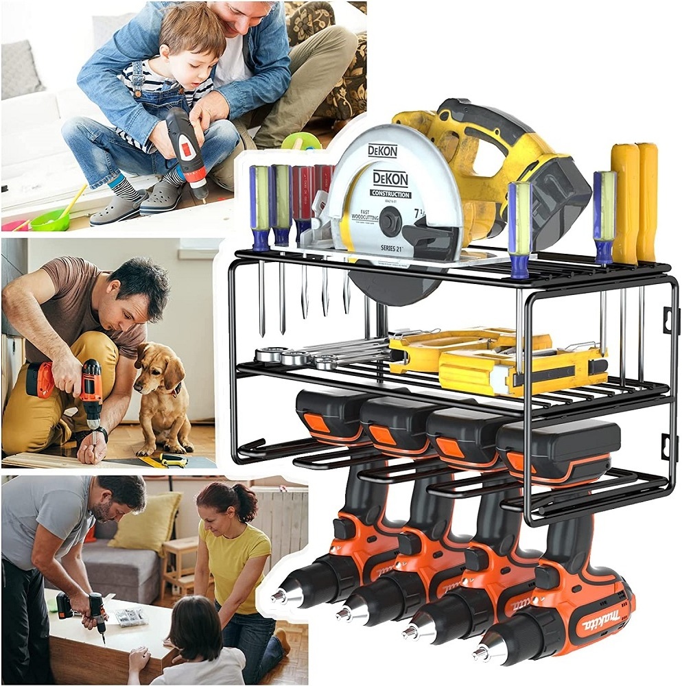 Wall Mounted Electric 4 Drill Storage Rack Metal Garage Tool Organizer Shelf Rack Power Tool Organizer with Top metal wire tray