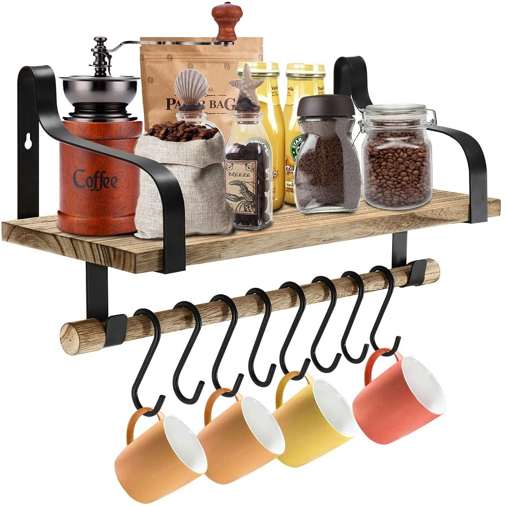 Wall Mounted Floating Shelves Coffee Mug Rack Rustic Wood with 8 Hooks for Kitchen Spice Rack with Towel Bar