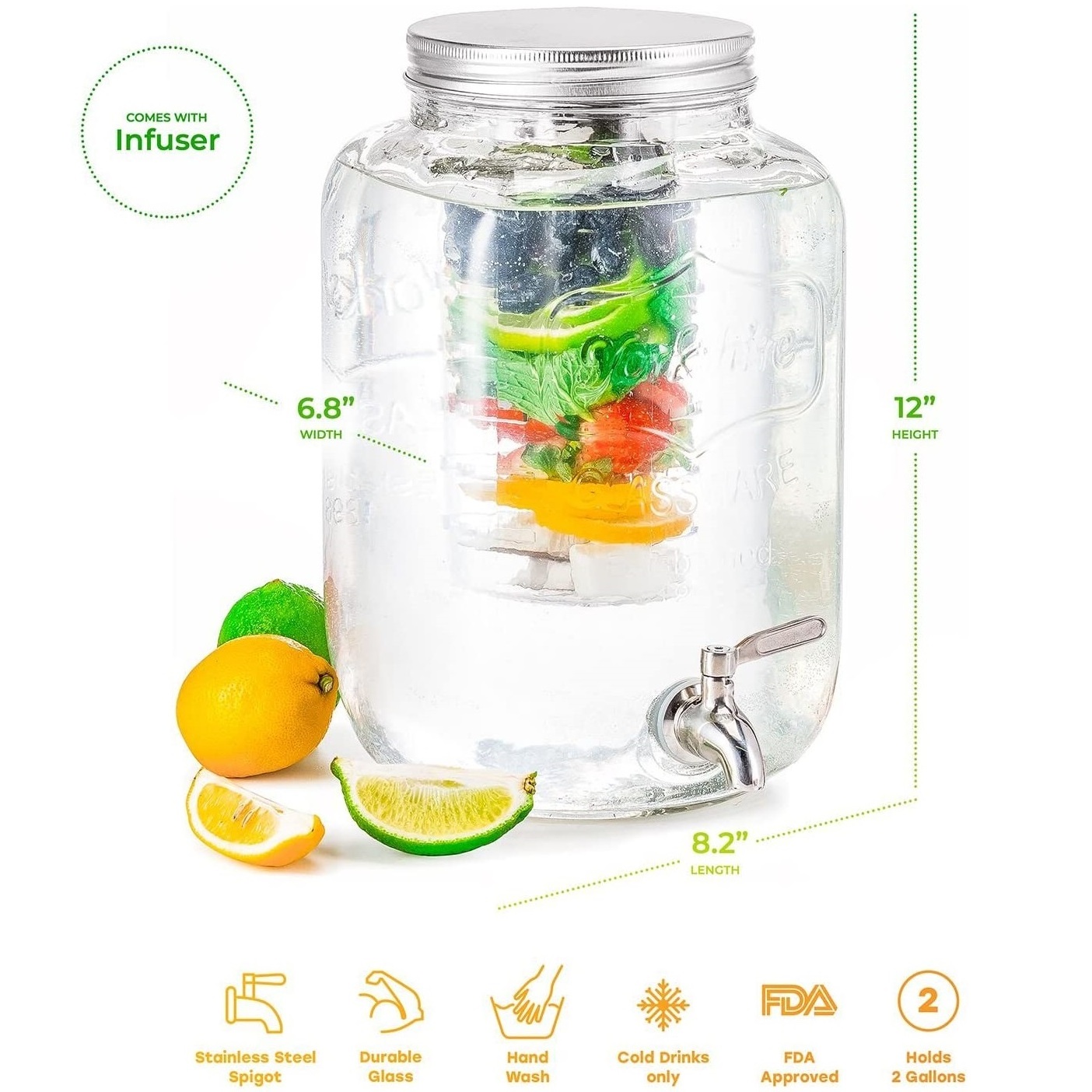 2 Gallon Glass Beverage Dispenser with Ice and Fruit Infusers Metal Wire Stand with Wooden Handles