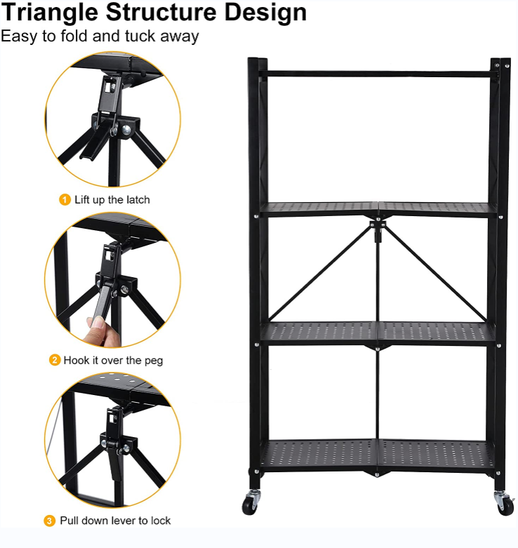 4-tier foldable kitchen standing shelving unit shelves metal storage folding pantry rack with wheels