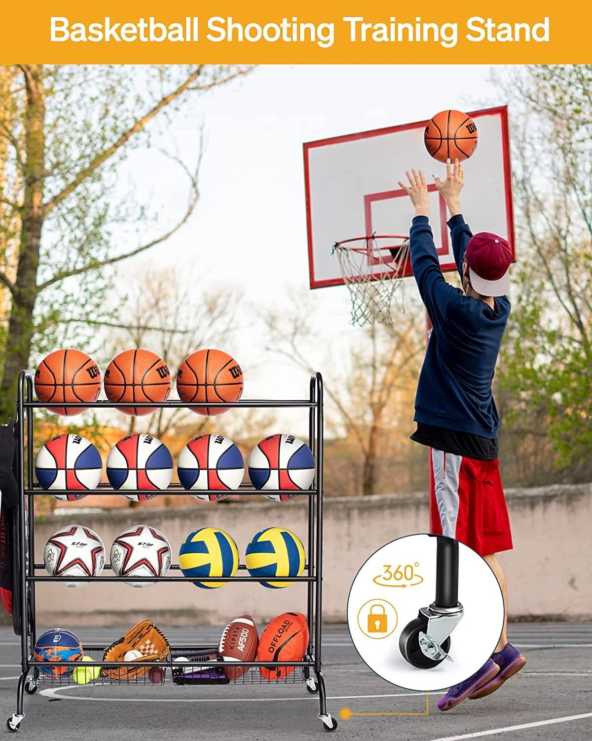 Sports Ball Storage Trolley Basketball Storage Rack Three Layer Ball Holder Baskets Rack Basketball Storage Organizer