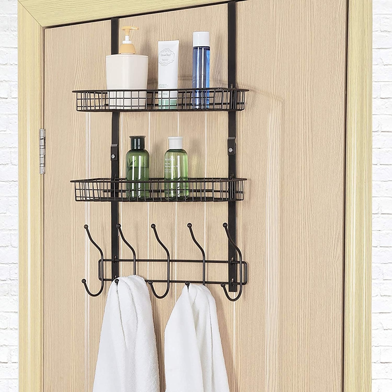 over door storage organizer behind door hooks hanger for bedroom & bathroom door towel rack with basket