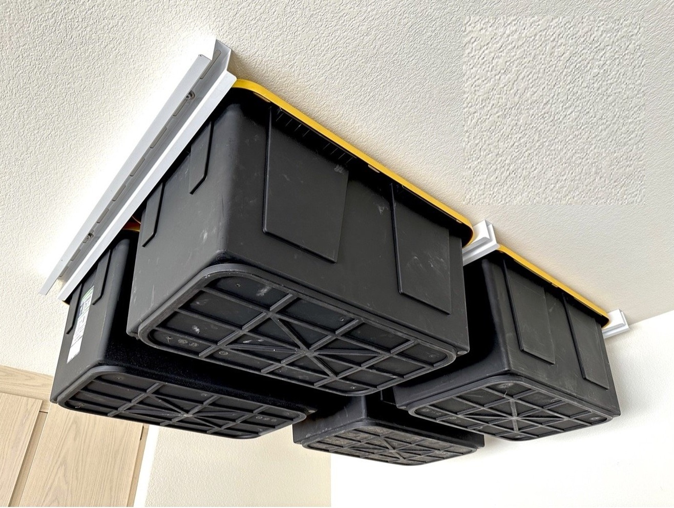 Garage Ceiling Bin Storage Rack Overheard Tote Storage Rail System Heavy Duty Adjustable Tote Slide