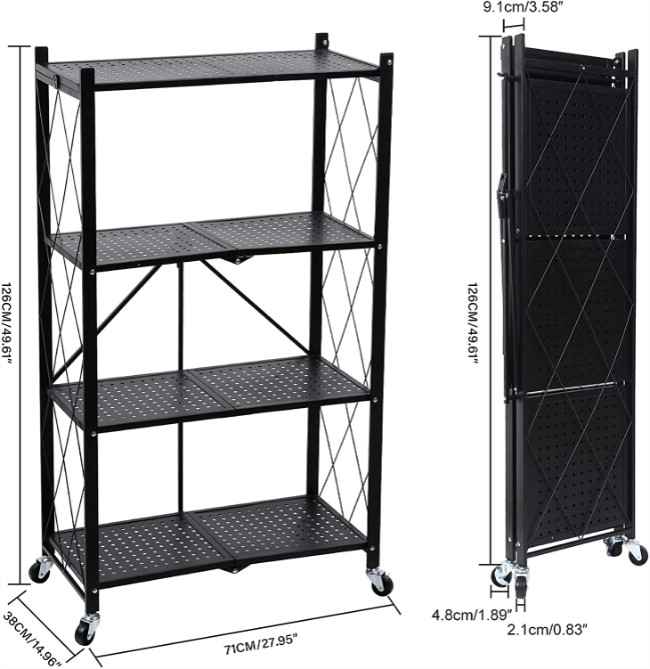 4-tier foldable kitchen standing shelving unit shelves metal storage folding pantry rack with wheels