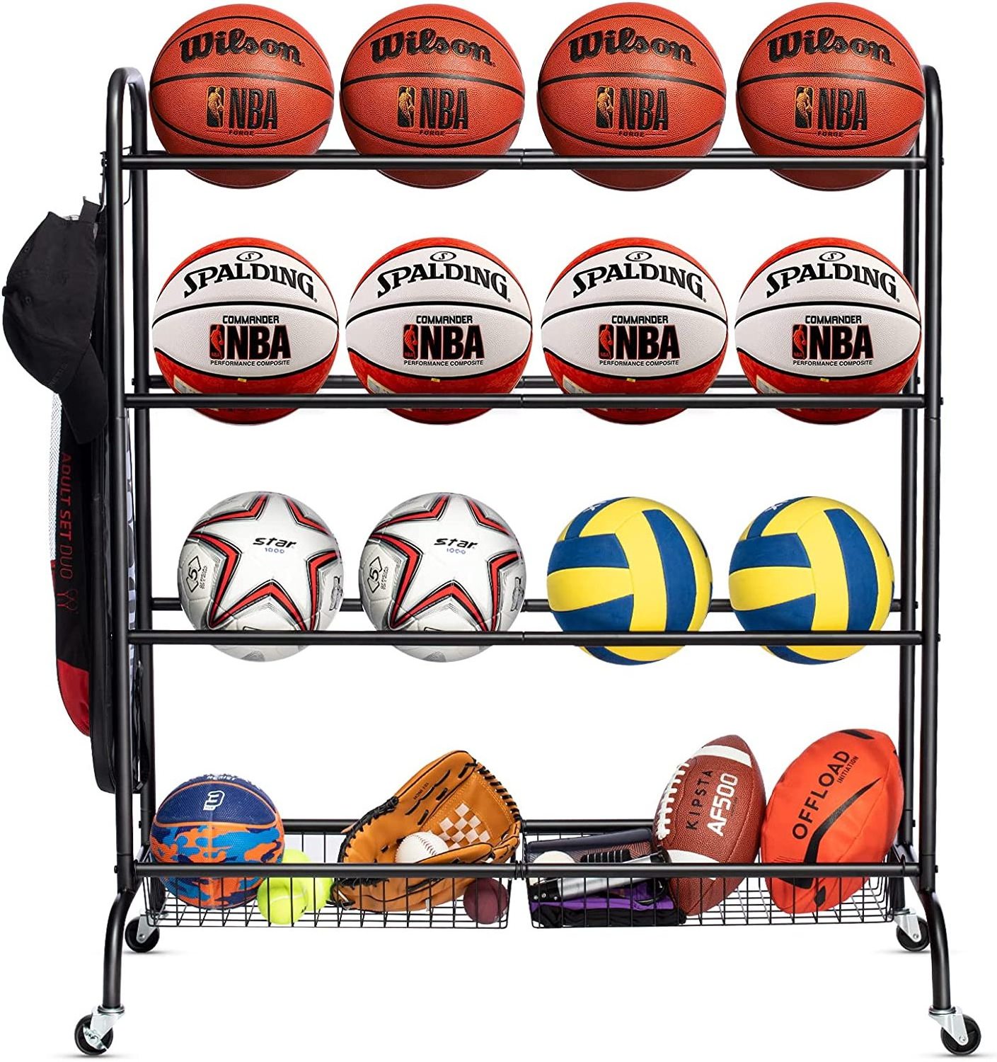 Sports Ball Storage Trolley Basketball Storage Rack Three Layer Ball Holder Baskets Rack Basketball Storage Organizer