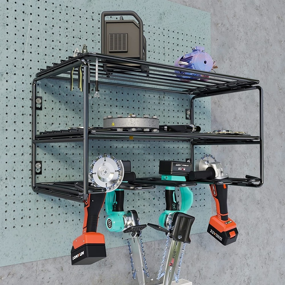 Wall Mounted Electric 4 Drill Storage Rack Metal Garage Tool Organizer Shelf Rack Power Tool Organizer with Top metal wire tray