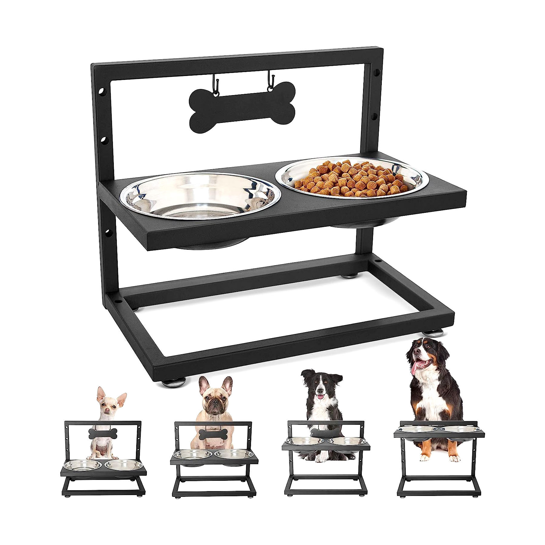 Height Adjustable Pet Cat Feeder Food Bowl Rack Raised Dog Bowls Stand Adjustable