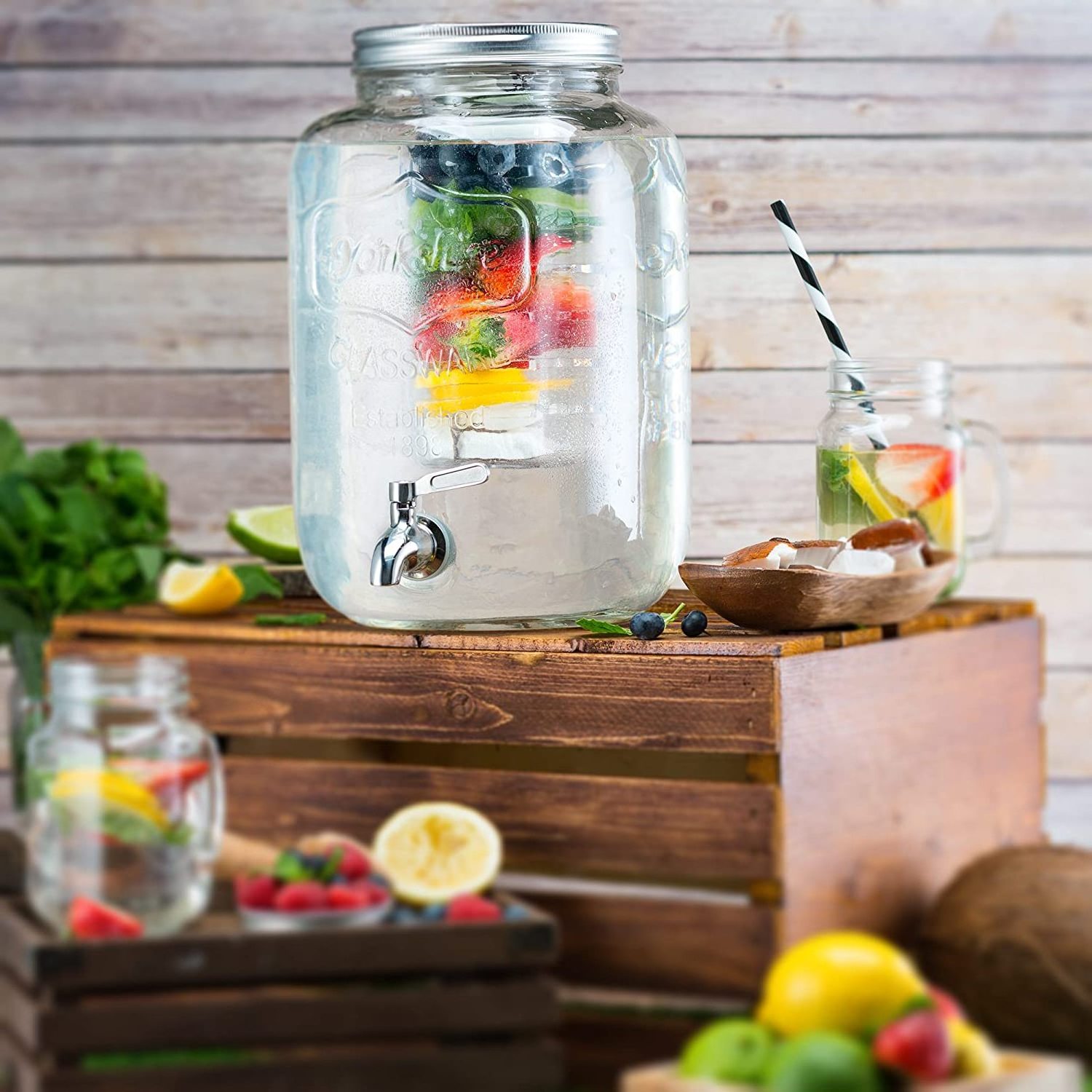 2 Gallon Glass Beverage Dispenser with Ice and Fruit Infusers Metal Wire Stand with Wooden Handles