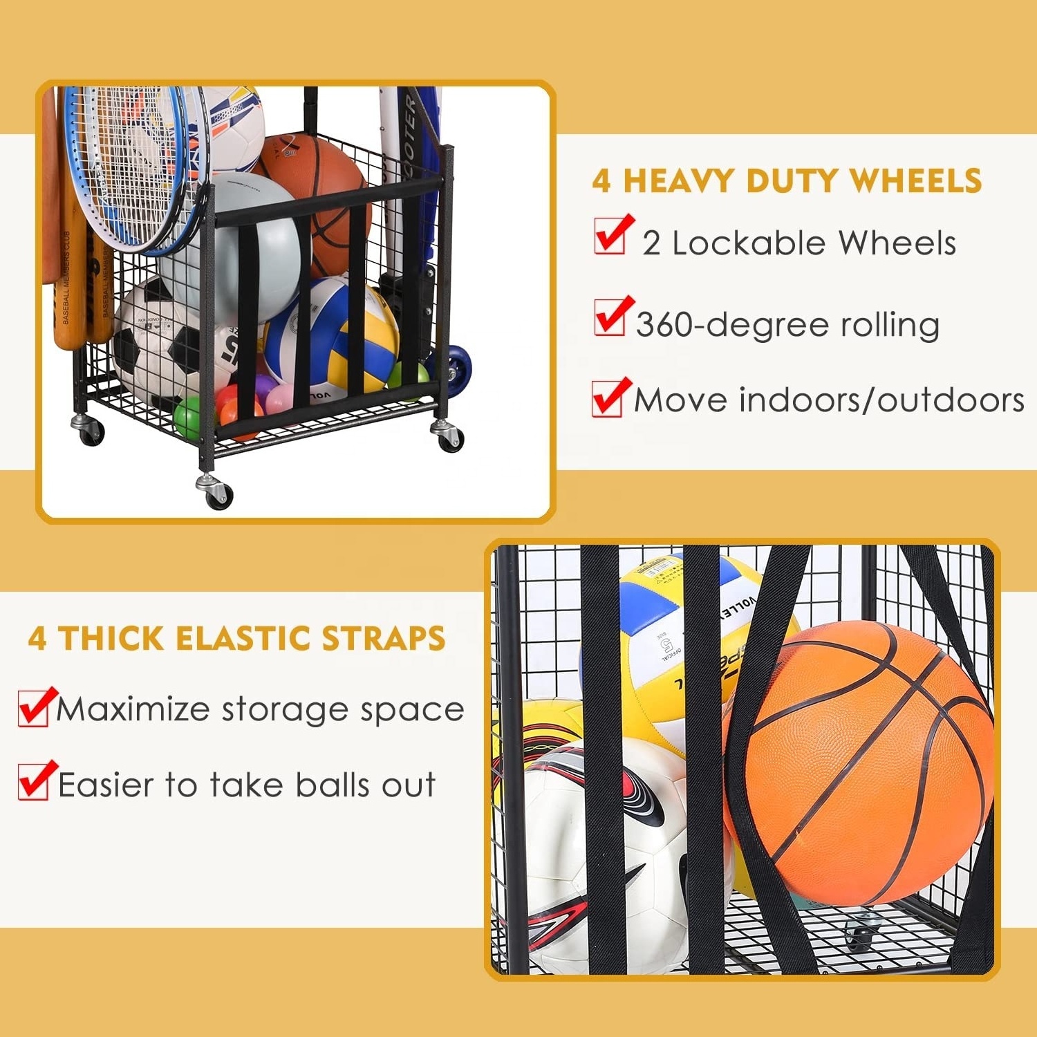 4-Tier Metal Garage Sports Equipment Organizer, Sports Basketball Storage with Baskets and Hooks