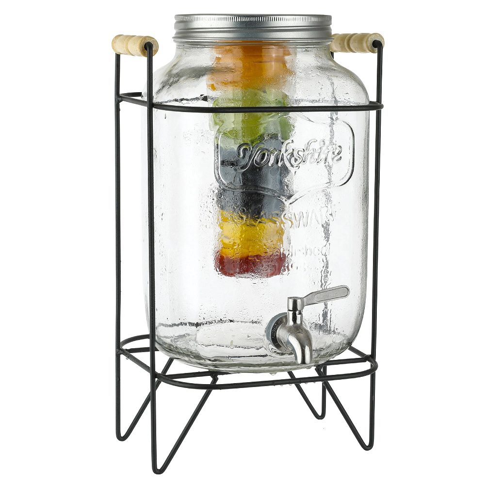 2 Gallon Glass Beverage Dispenser with Ice and Fruit Infusers Metal Wire Stand with Wooden Handles