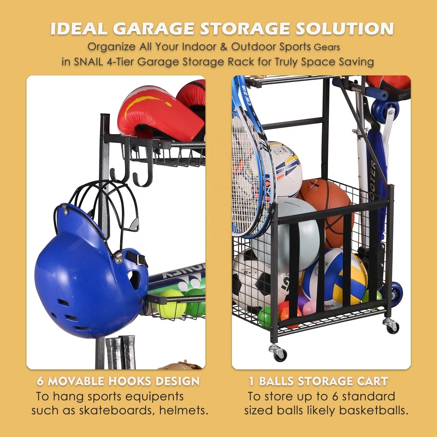 4-Tier Metal Garage Sports Equipment Organizer, Sports Basketball Storage with Baskets and Hooks