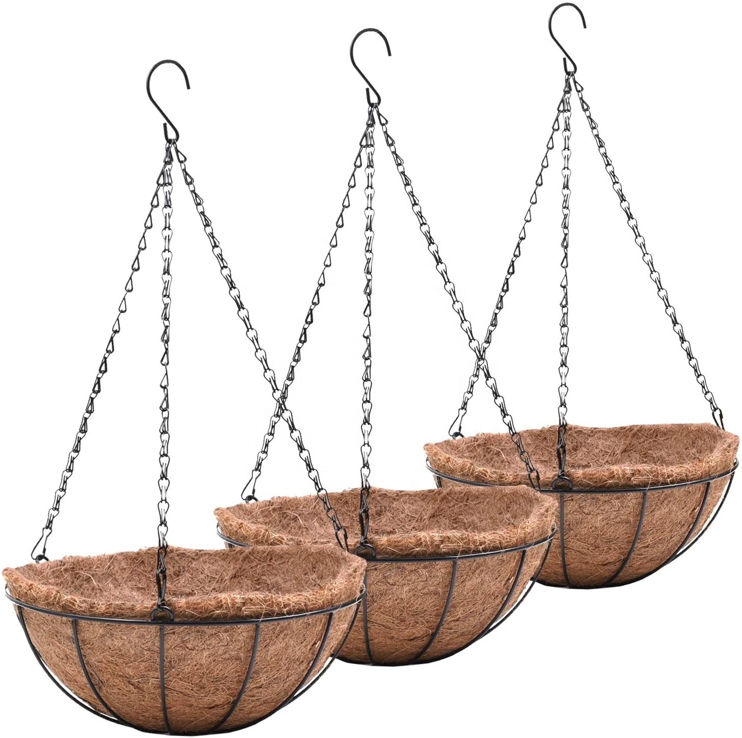 Metal Hanging Planters Basket Set of 3 Hanging Flower Pots 12 Inch Chain Round Wire Plant Holder with Coco Coir Liner for Garden