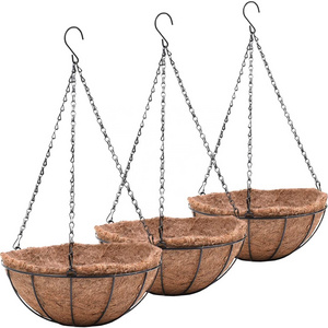 Metal Hanging Planters Basket Set of 3 Hanging Flower Pots 12 Inch Chain Round Wire Plant Holder with Coco Coir Liner for Garden