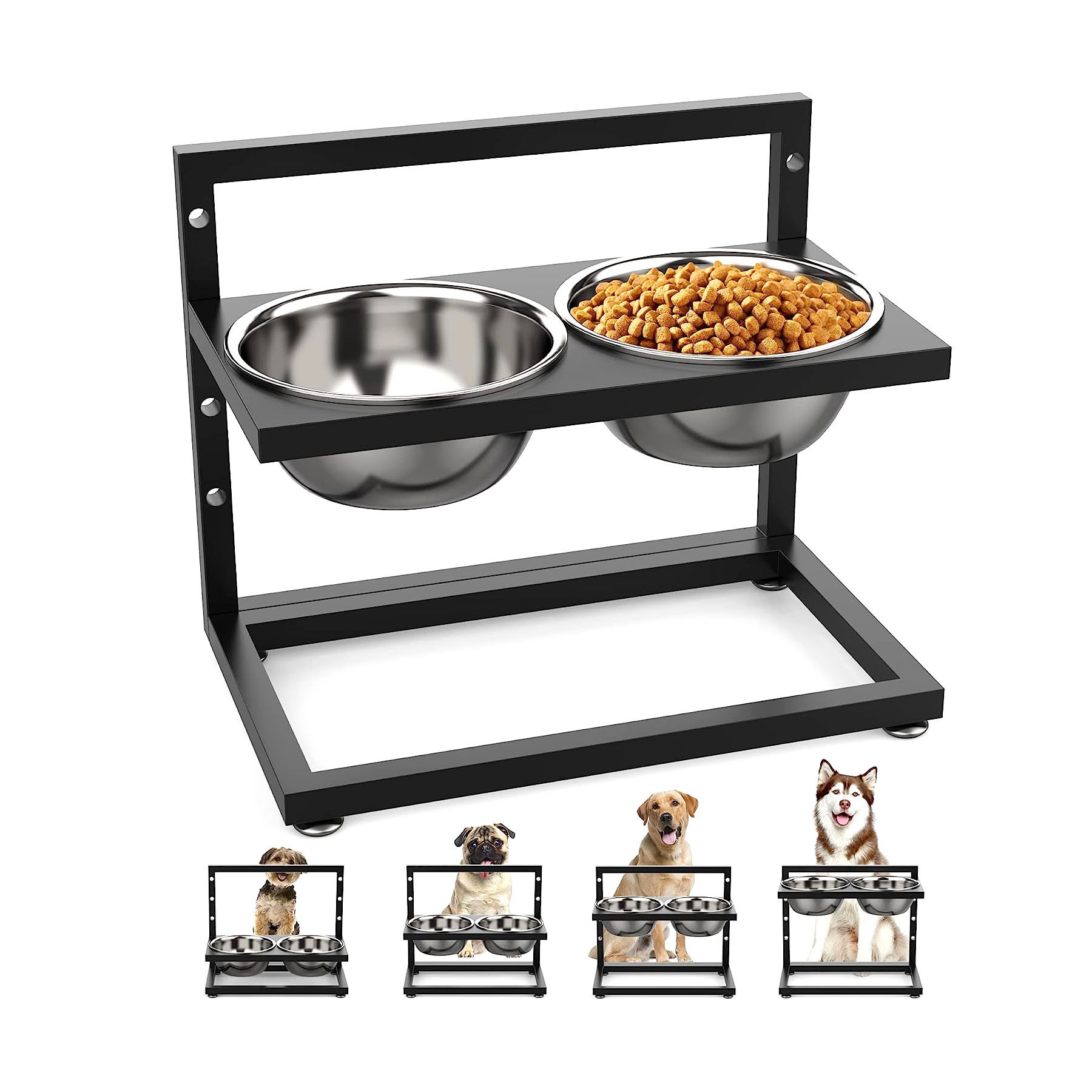 Height Adjustable Pet Cat Feeder Food Bowl Rack Raised Dog Bowls Stand Adjustable