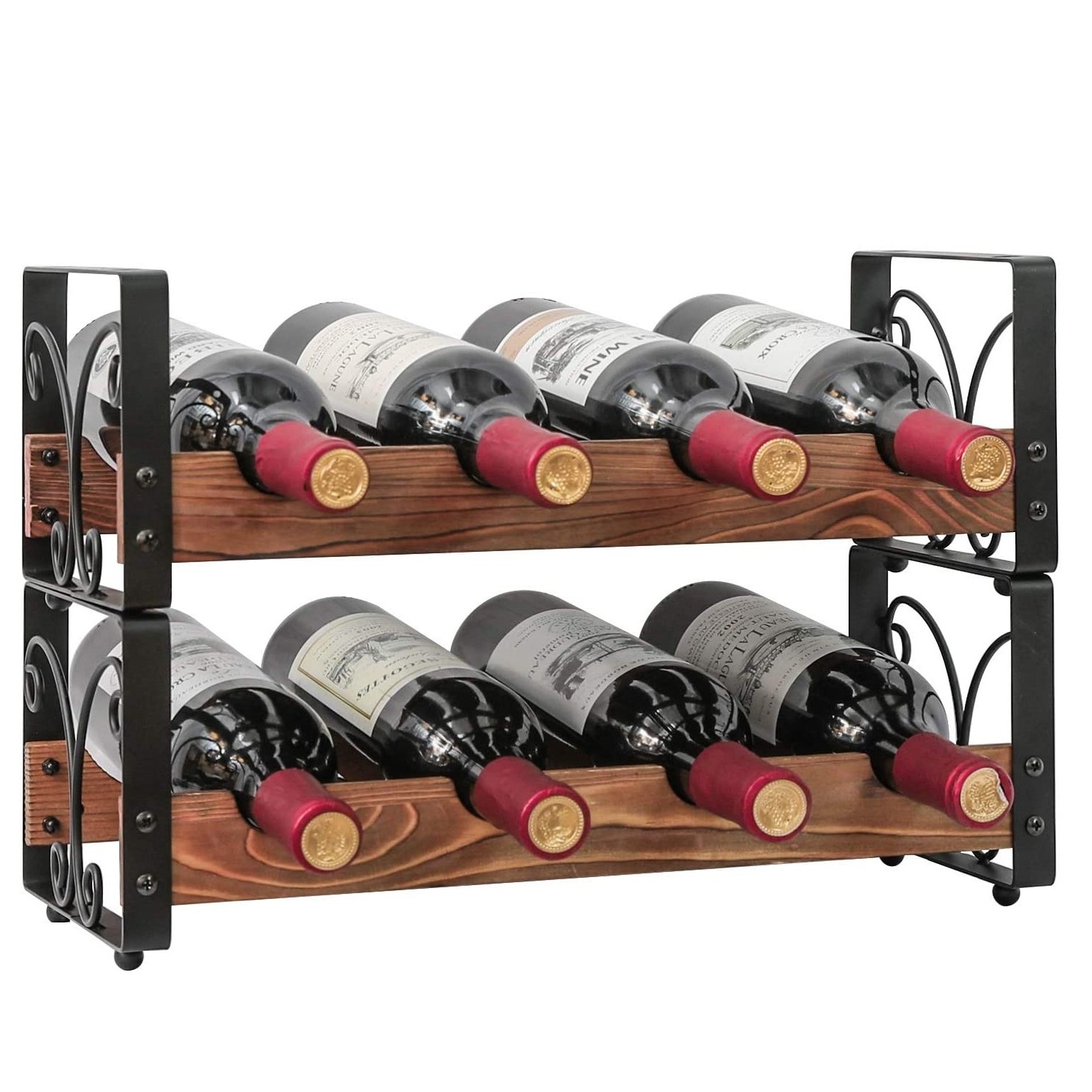 Rustic 8 Bottle Stackable Wine Rack Freestanding 2 Tier Countertop Liquor Storage Shelf Solid Wood & Iron H-Patent Design