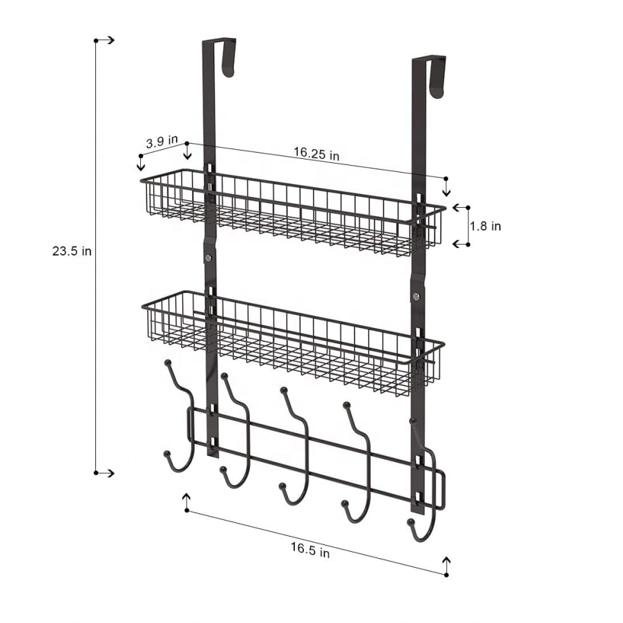 Over The Door Hooks Organizer Wall Mounted Coat Hook Metal Storage Rack Shelf with 2 Baskets and 5 Hooks for Hanging Clothes