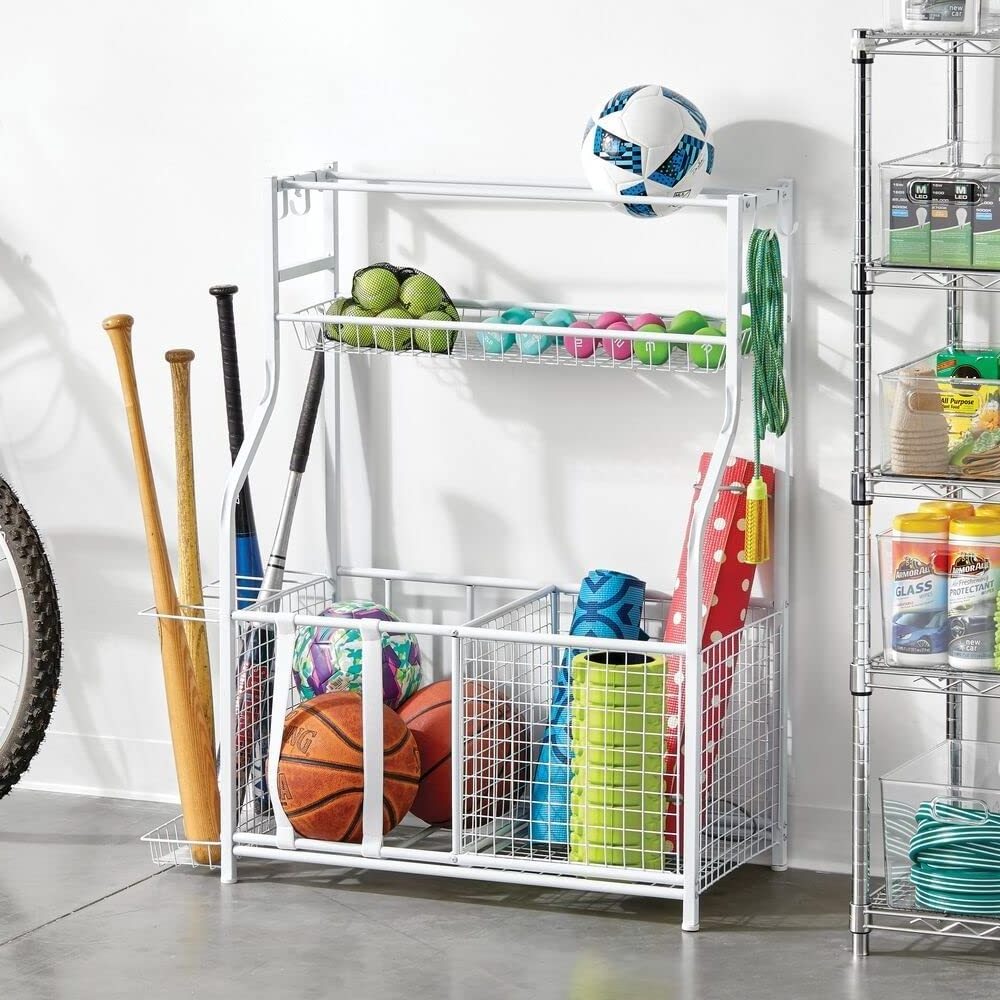 3 Tier Sports Equipment Storage Organizer, Ball Storage Cart Rack, Sports Gear Basketball Storage with Baskets and Hooks