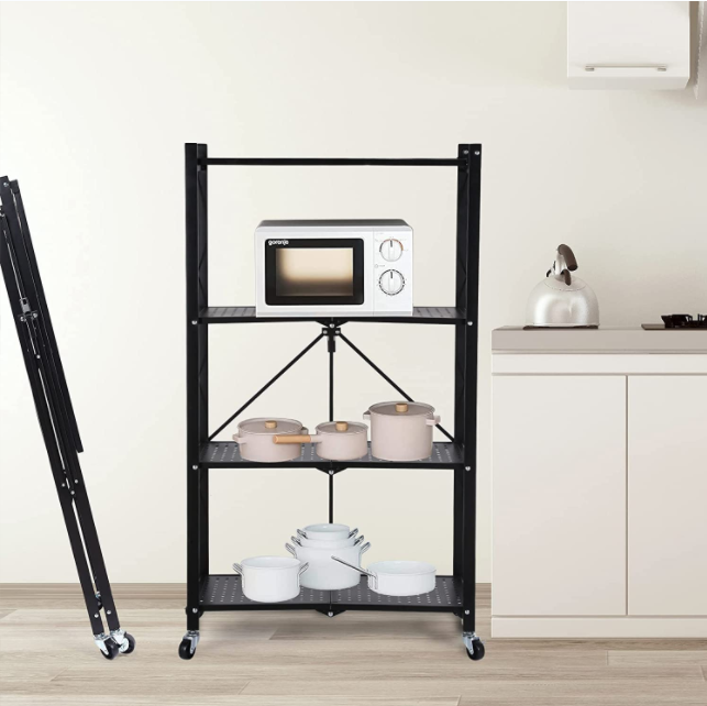 4-tier foldable kitchen standing shelving unit shelves metal storage folding pantry rack with wheels