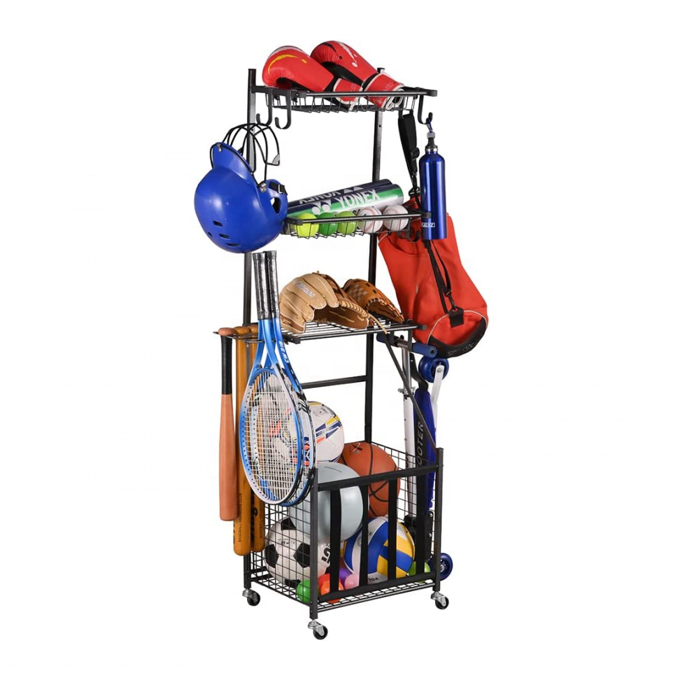 4-Tier Metal Garage Sports Equipment Organizer, Sports Basketball Storage with Baskets and Hooks