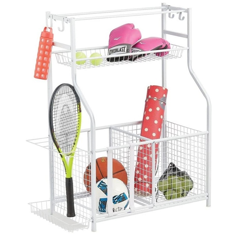 3 Tier Sports Equipment Storage Organizer, Ball Storage Cart Rack, Sports Gear Basketball Storage with Baskets and Hooks