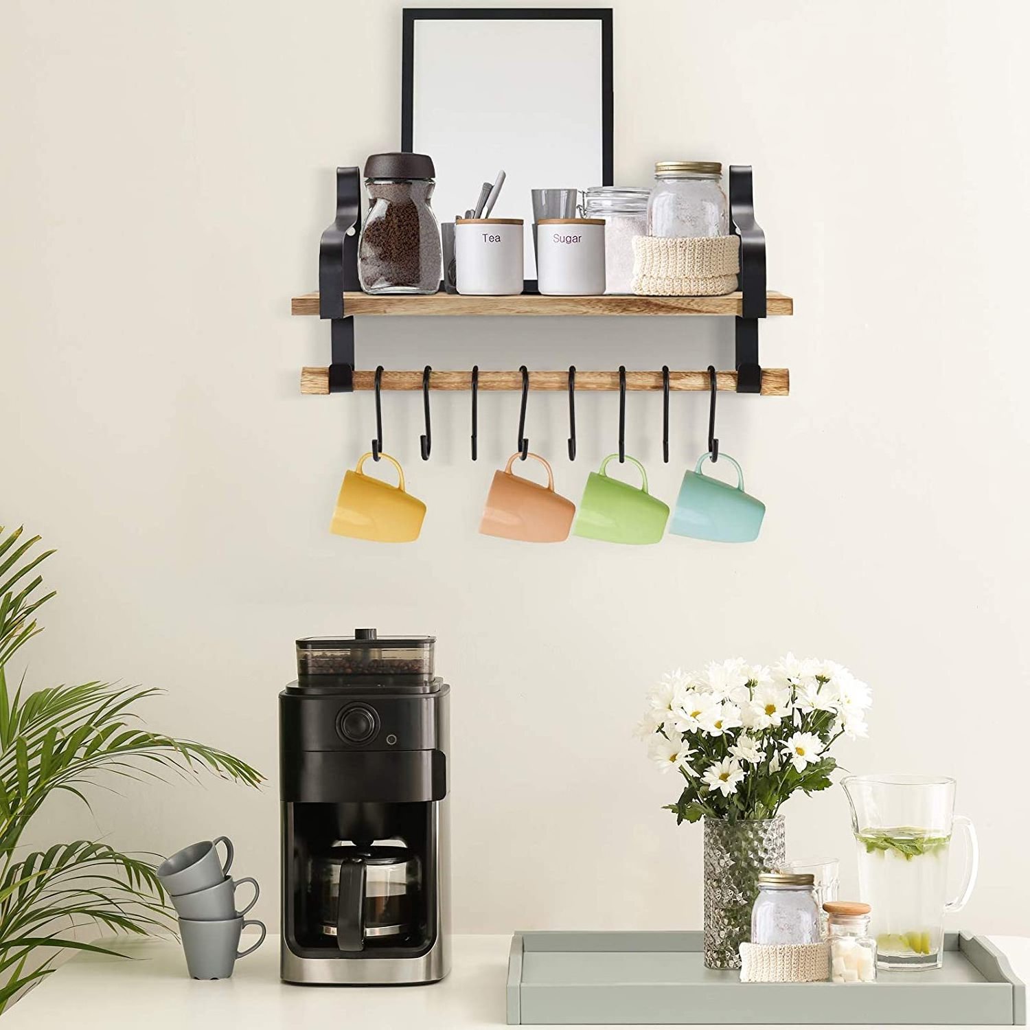 Wall Mounted Floating Shelves Coffee Mug Rack Rustic Wood with 8 Hooks for Kitchen Spice Rack with Towel Bar