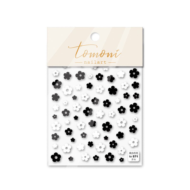 Hot back glue cute nail enhancement sticker Japanese sticker 5D nail sticker Rainbow Flower Black and white flower