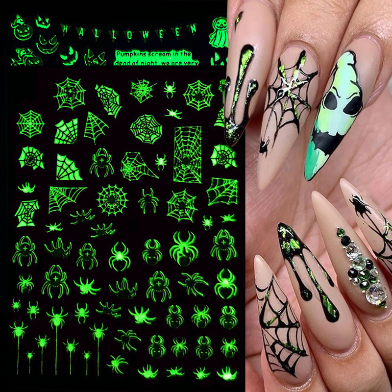 Hot CY series Nail stickers 3D luminous spider web bat pumpkin skeleton Halloween nail sticker