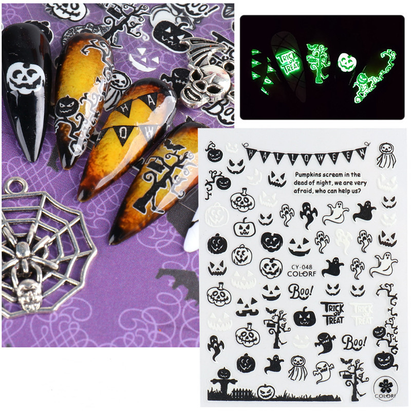 Hot CY series Nail stickers 3D luminous spider web bat pumpkin skeleton Halloween nail sticker