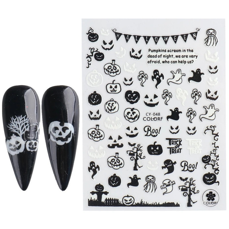 Hot CY series Nail stickers 3D luminous spider web bat pumpkin skeleton Halloween nail sticker