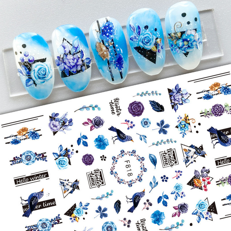 New F series nail stickers blue lines flowers leaves butterflies birds glue nail stickers