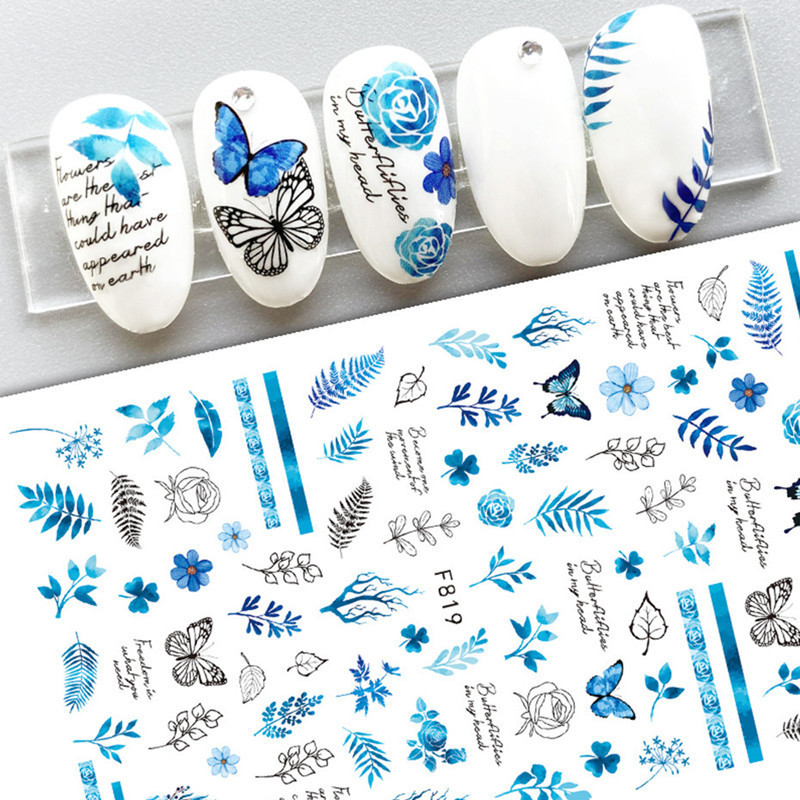 New F series nail stickers blue lines flowers leaves butterflies birds glue nail stickers