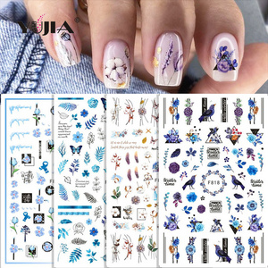 New F series nail stickers blue lines flowers leaves butterflies birds glue nail stickers