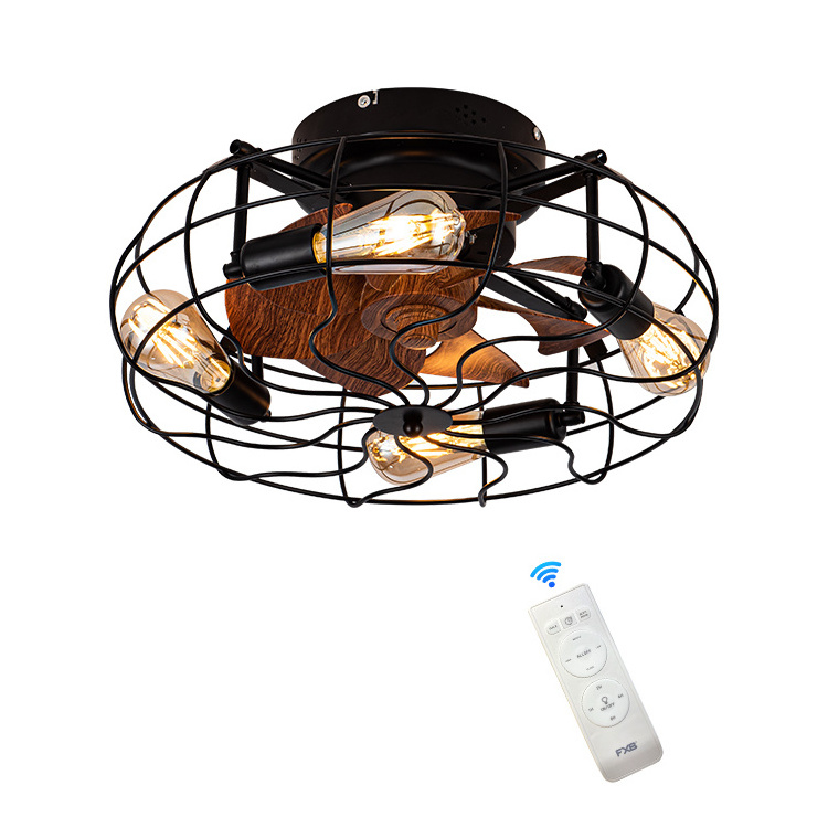 New American Modern Wood Grain Fan Piece Home Remote Control Light Color Changing Metal Cage Led Ceiling Fan Light