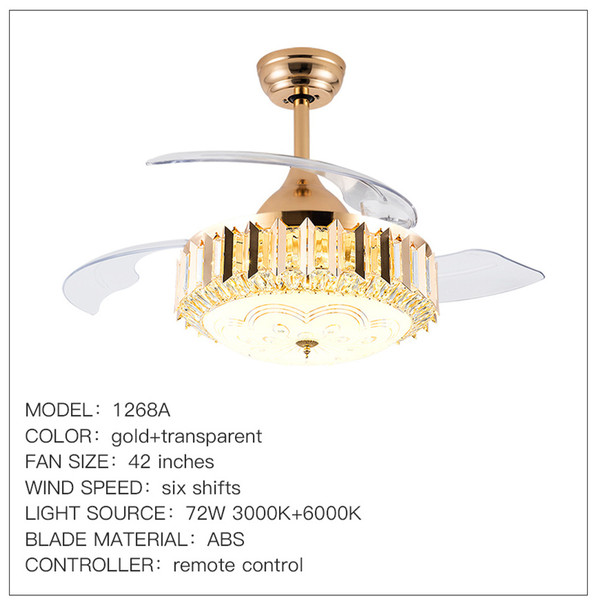 HOFZHI Model1268B Entry lux modern crystal 42 inches golden ceiling light with fan