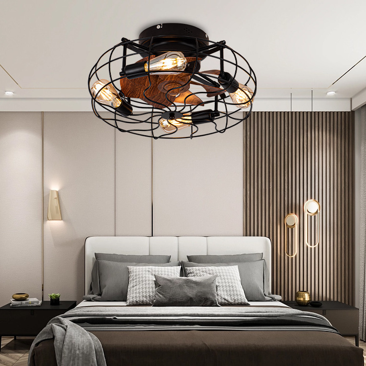 New American Modern Wood Grain Fan Piece Home Remote Control Light Color Changing Metal Cage Led Ceiling Fan Light