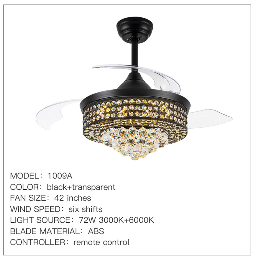 tricolor dimming black luxury crystal ceiling fan light with remote control