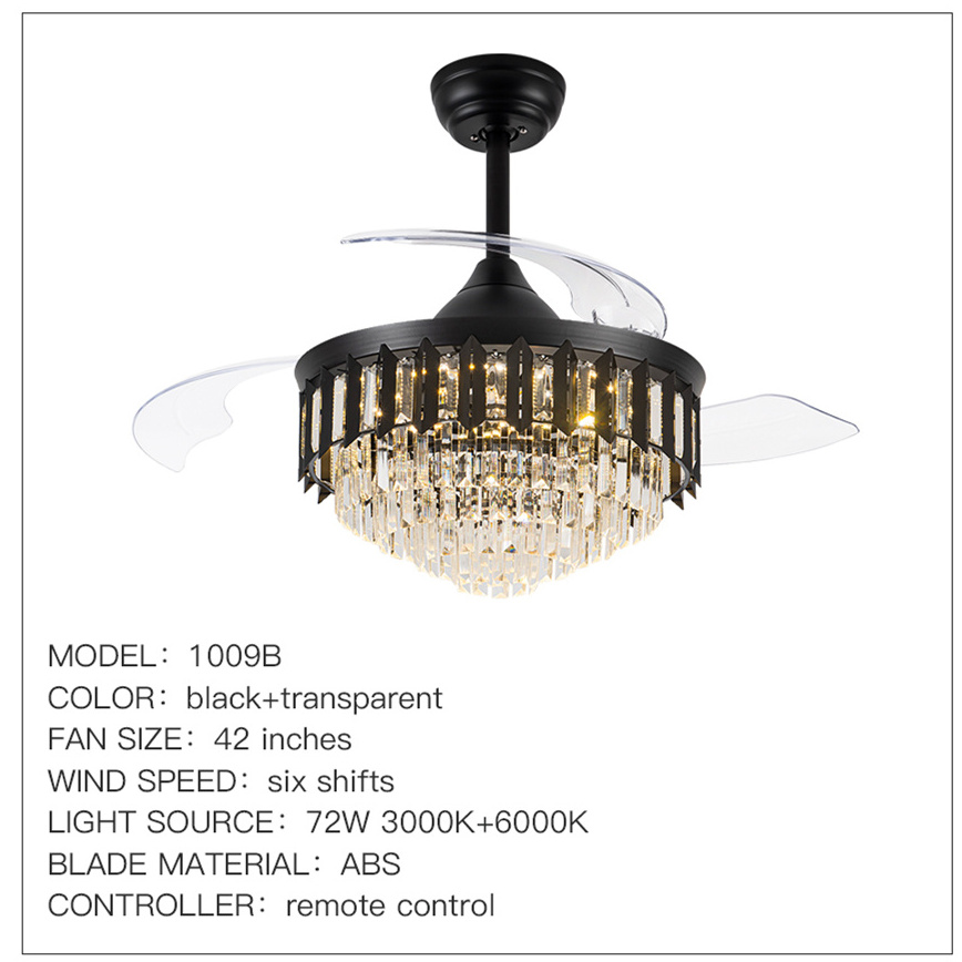 tricolor dimming black luxury crystal ceiling fan light with remote control