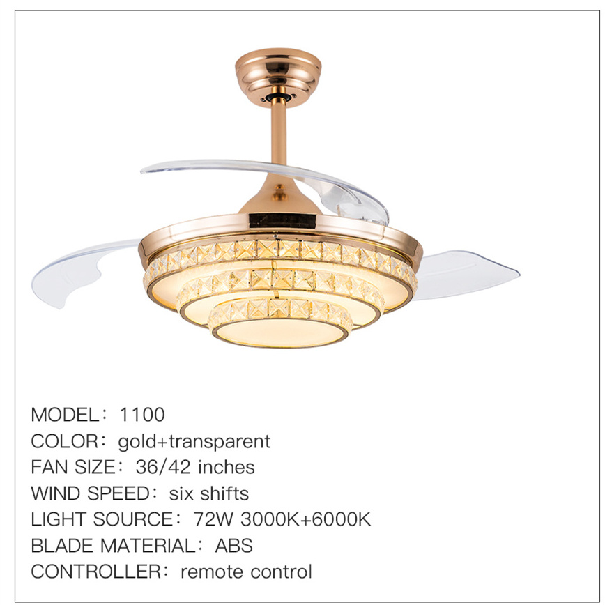 tricolor dimming black luxury crystal ceiling fan light with remote control