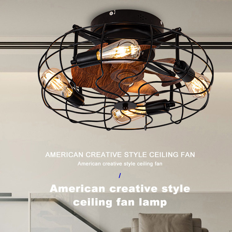 New American Modern Wood Grain Fan Piece Home Remote Control Light Color Changing Metal Cage Led Ceiling Fan Light