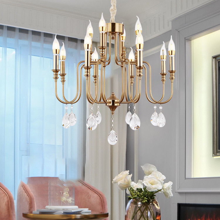 French Luxury Modern Rustic Farmhouse Hotel Banqut Hall Gold Hanging Led Crystal Candle Holder Chandelier