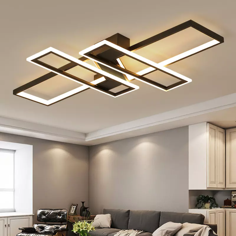 Modern LED Chandelier For Living Room Bedroom Kitchen Home Indoor Ceiling Lamp With Remote Control Rectangle Black Light Fixture