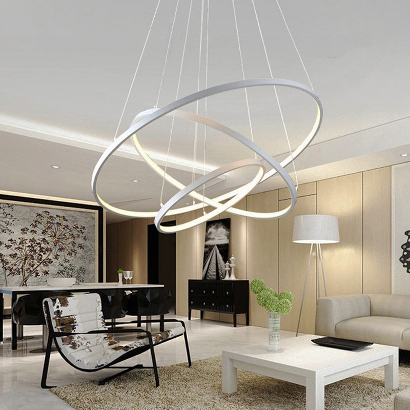 Black White Golden Modern Pendant Lights For Living Room Dining Room 4 3 2 1 Circle Rings Acrylic Aluminum Body LED Pendant Lamp