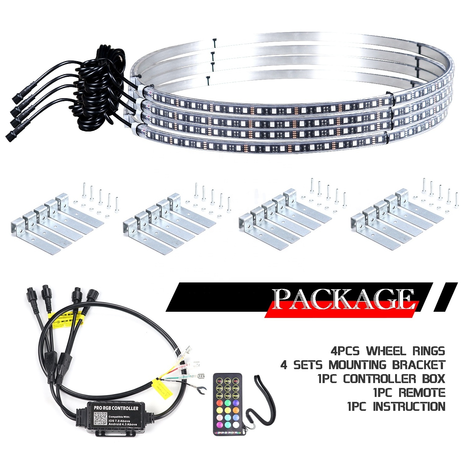 US Stock With Free Shipping Waterproof 12v RGB LED Illuminated Wheel Ring Light Kit 17