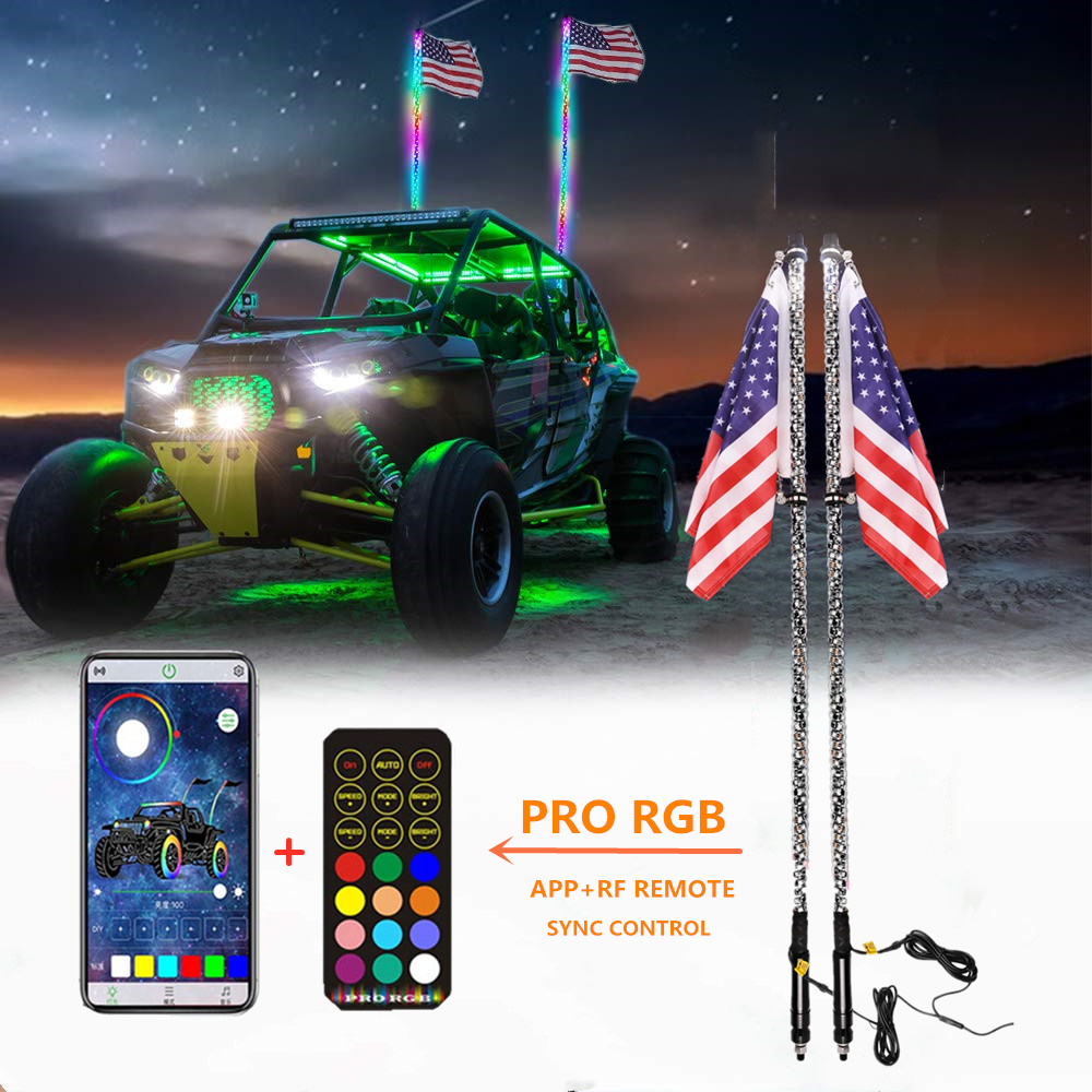 6ft Pairs  LED Whip Flag  IP67 RF & App Control  RGB Chasing  Buggy Whip Antenna Pole Light for atv utv offroad ca