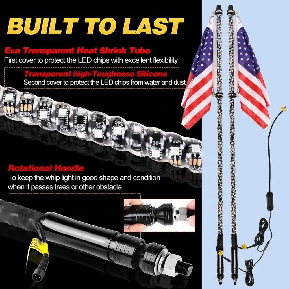 6ft Pairs  LED Whip Flag  IP67 RF & App Control  RGB Chasing  Buggy Whip Antenna Pole Light for atv utv offroad ca