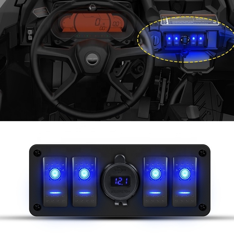 4 Gang Rocker Switch Panel Waterproof 5 Pin On-Off Toggle Switches 12V/24V with Blue LED Light for RV Marine Boat Car Vehicles