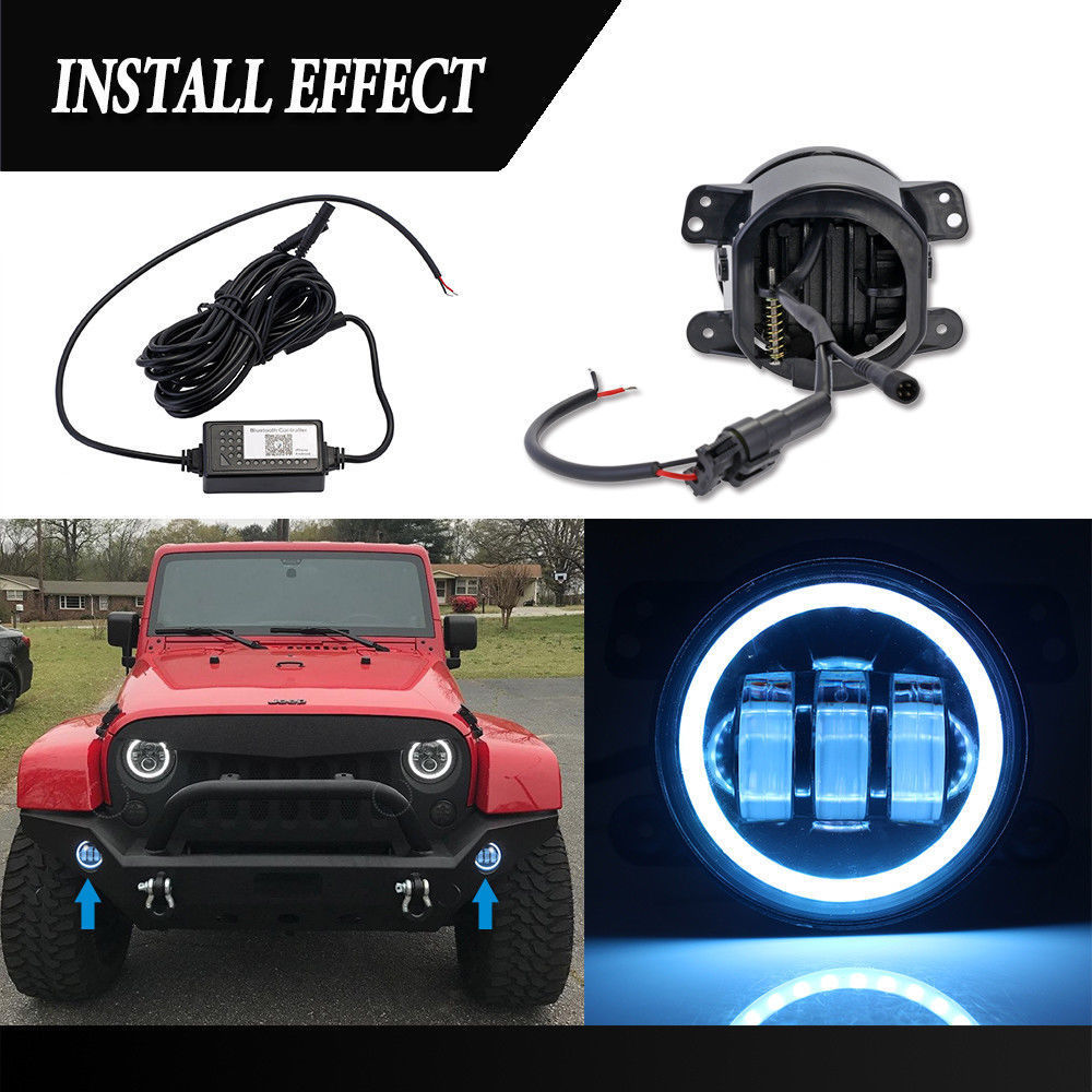 4 Inch LED Fog Lights For Jeep Wrangler 07-18 JK JKU Tj LJ DRL White Halo Ring Amber Turn Signal Lights Round Black -Pair