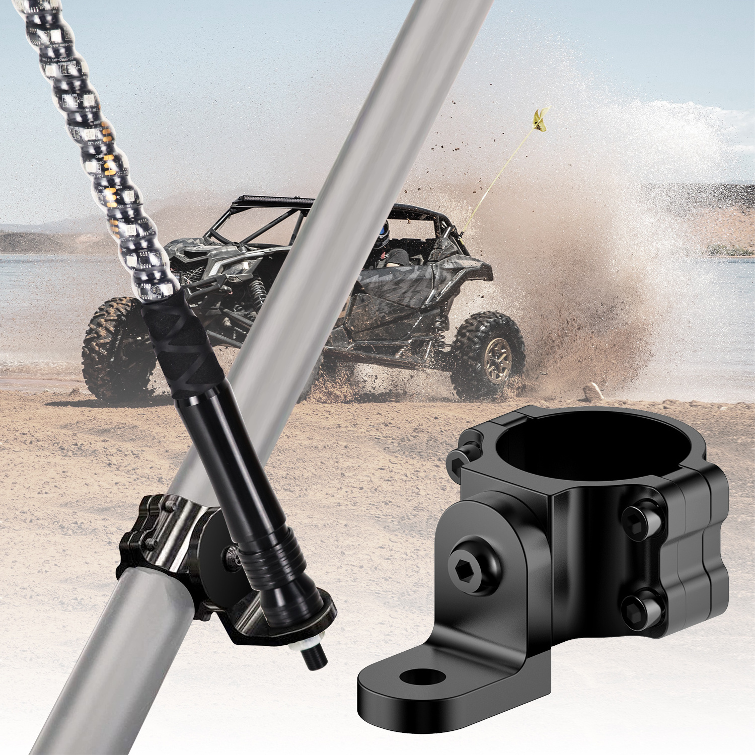 UTV Whip Light Mount, Off Road Flag Bracket for Mounting Flag and Whip Light, 360 Rotating Flag Hole Adjustable 1.75-2.0