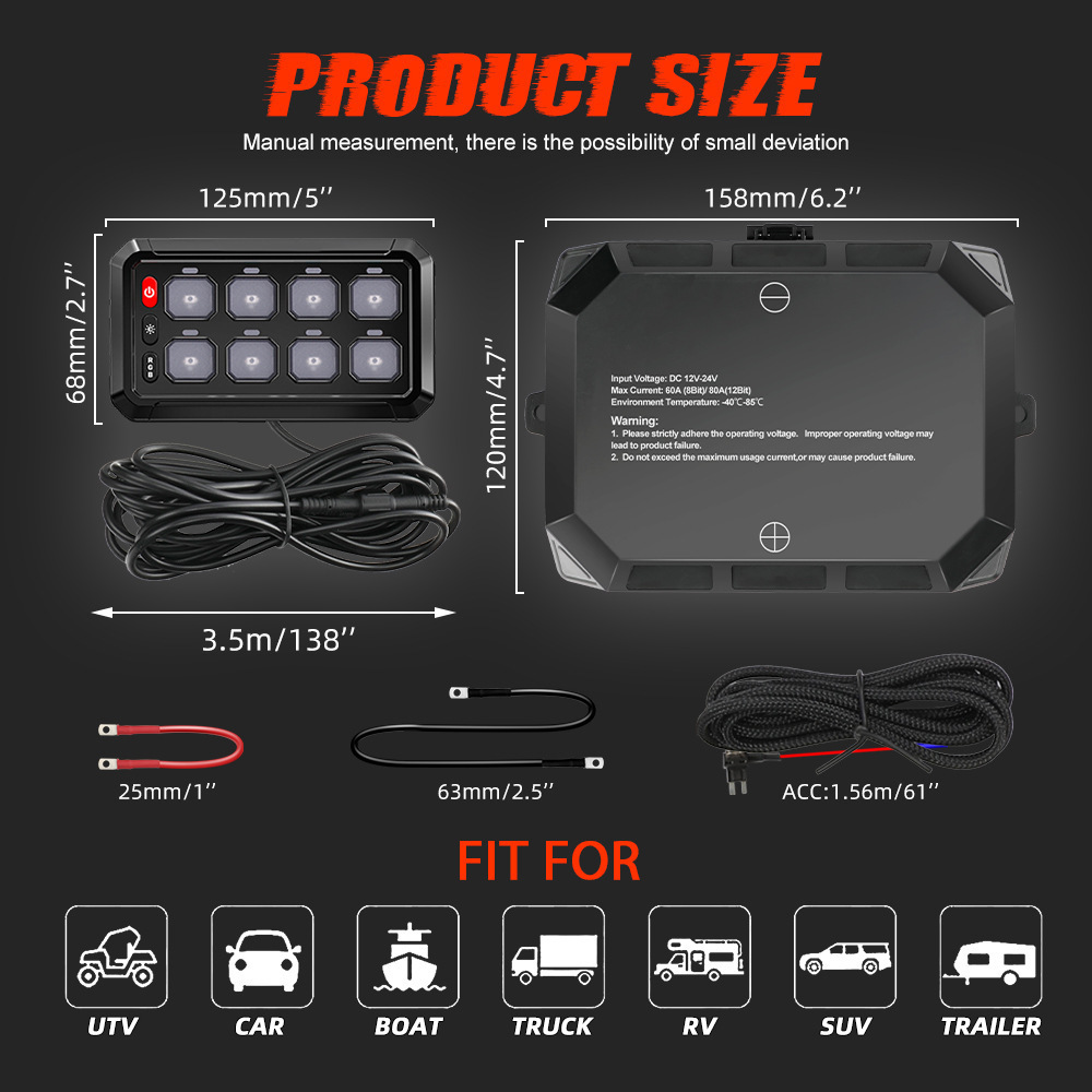 6 8 12 Gang Rocker Switch Panel RGB Circuit Control Relay Box for ATV UTV Truck Car Boat Vehicle