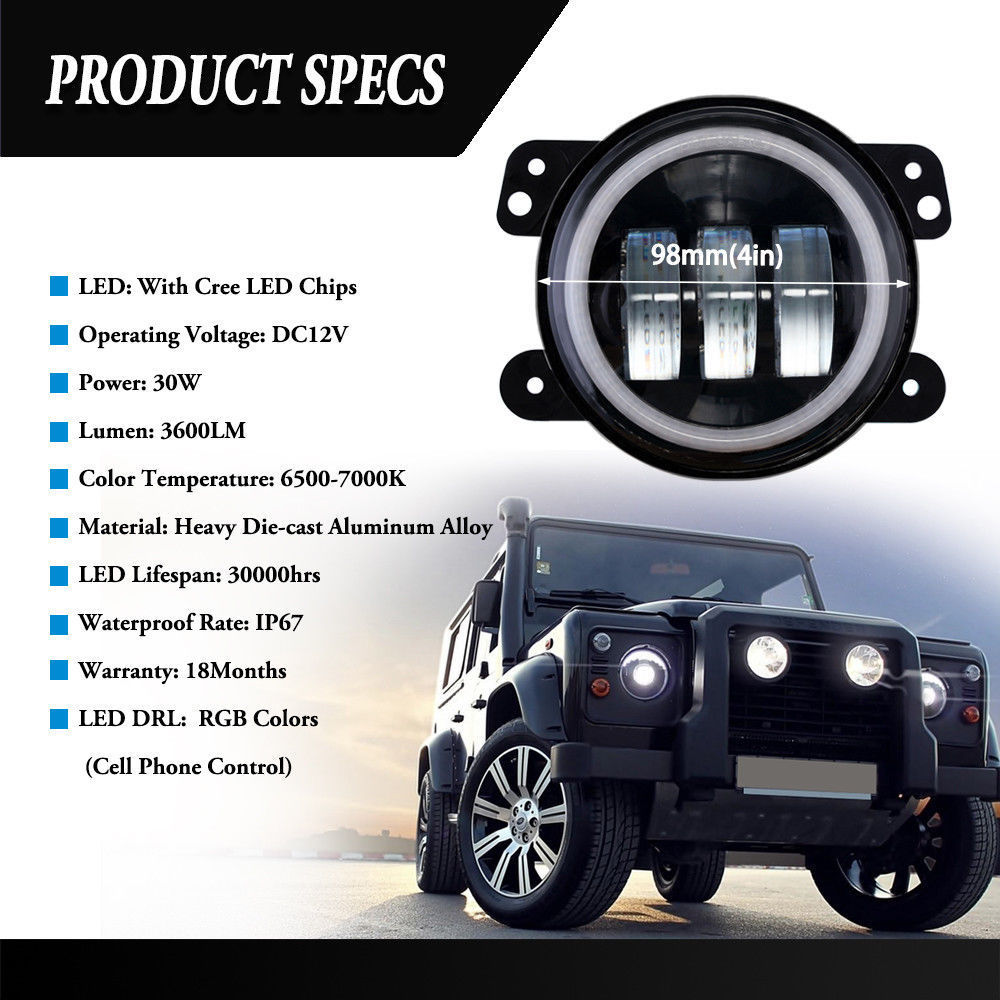 4 Inch LED Fog Lights For Jeep Wrangler 07-18 JK JKU Tj LJ DRL White Halo Ring Amber Turn Signal Lights Round Black -Pair